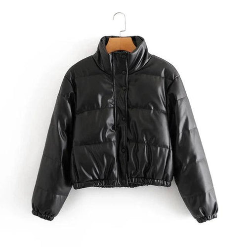 Mandotos chic winter PU leather jacket featuring a stylish design, perfect for cold weather, shown in a close-up view.