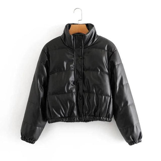 Mandotos chic winter PU leather jacket featuring a stylish design, perfect for cold weather, shown in a close-up view.