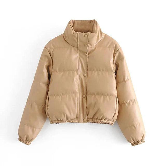 Mandotos chic winter PU leather jacket displayed on a hanger, featuring a stylish design and smooth textured surface.