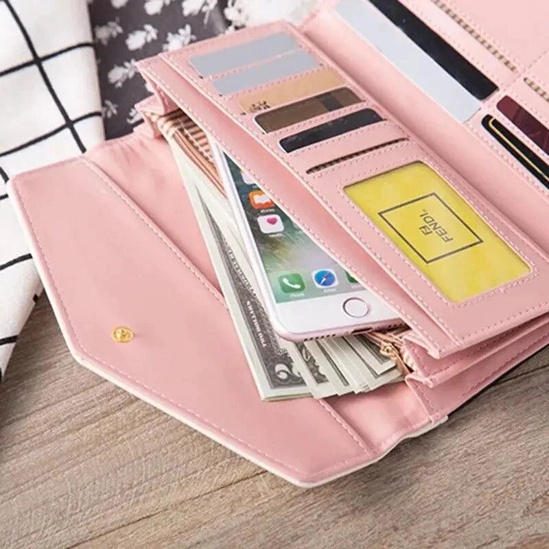 Mandotos women's leather clutch wallet and card holder with sleek design and multiple card slots on a neutral background.