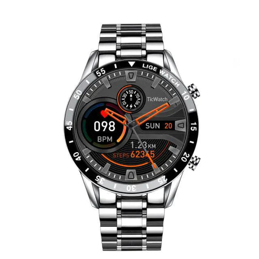 Mandotos Circle Elite Smart Watch with round display, fitness tracking, and sleek black band on a white background.