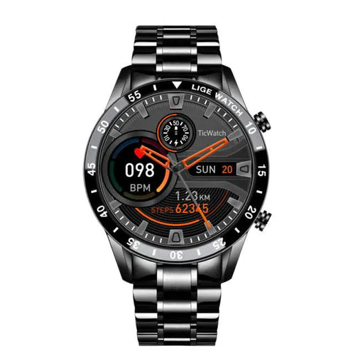 Mandotos Circle Elite Smart Watch with round display, fitness tracker, and sleek black strap on a white background.