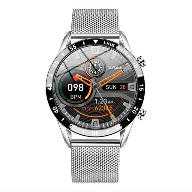 Mandotos Circle Elite Smart Watch with round display, black band, and fitness tracking features on a sleek black watch face.