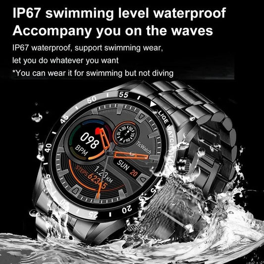 Mandotos Circle Elite Smart Watch with round face, black band, and digital display showing fitness metrics and time.
