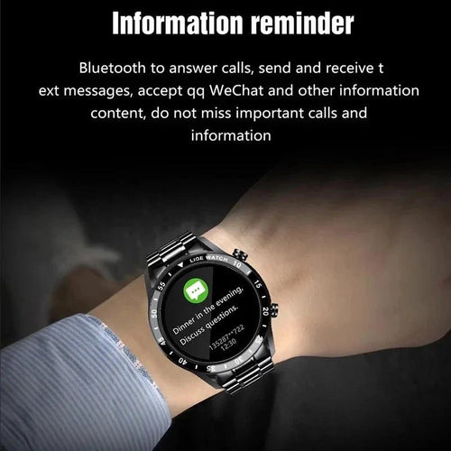 Mandotos Circle Elite Smart Watch with round display, fitness tracking, and sleek black band on a white background