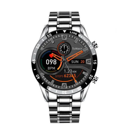 MANDOTOS Circle Elite Smart Watch with round display, fitness tracker, and sleek black band on a white background.