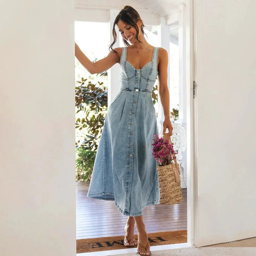 Mandotos CitySleek denim midi dress featuring a fitted silhouette, classic denim fabric, and stylish mid-length design.