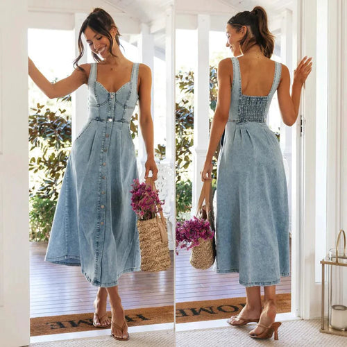 Mandotos CitySleek denim midi dress displayed on a hanger, showcasing its stylish design and classic denim fabric.