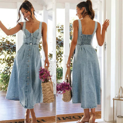 Mandotos CitySleek denim midi dress featuring a fitted silhouette, classic denim fabric, and adjustable shoulder straps.