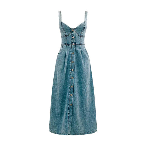 Mandotos CitySleek denim midi dress featuring a fitted silhouette and classic denim fabric, styled with long sleeves and a mid-length hem.