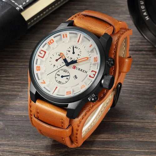 Mandotos classic gents leather watch with round dial and black leather strap, stylish men's wristwatch.