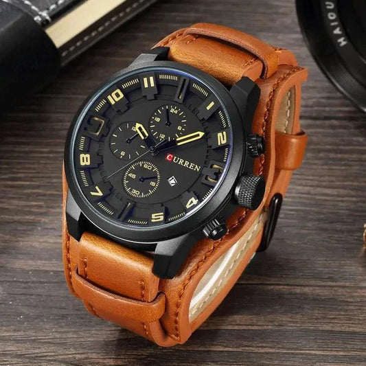 Mandotos classic gents leather watch with round dial, black leather strap, and silver case, showcasing elegant men's wristwear.