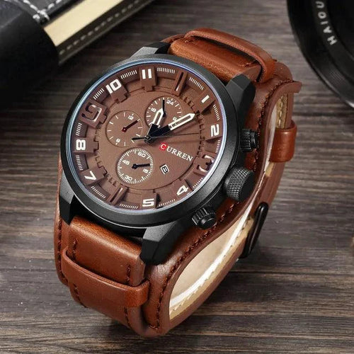 Mandotos classic gents leather watch with a round dial and brown leather strap, stylish men's wristwatch.