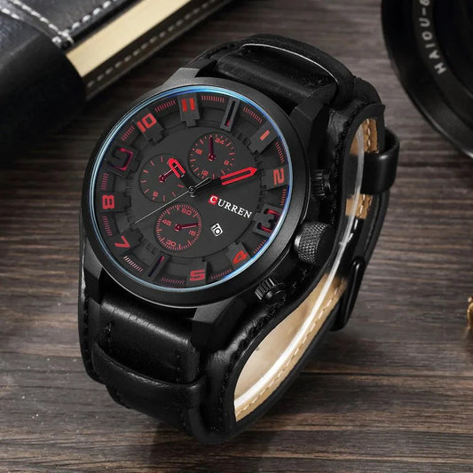 Mandotos classic gents leather watch with round dial and black leather strap, stylish and elegant men's wrist accessory.