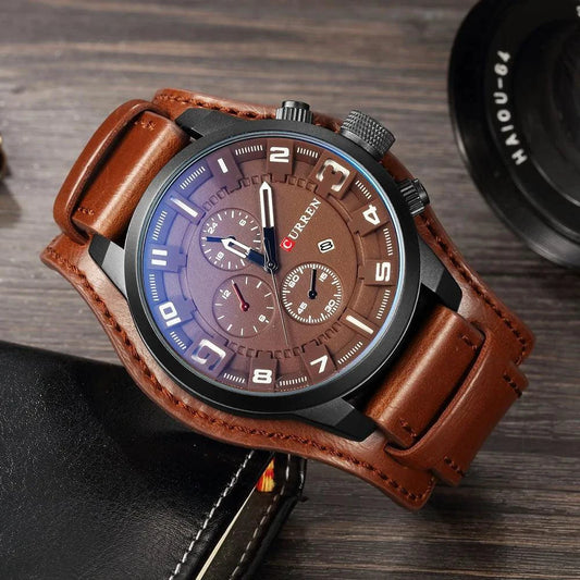 Mandotos Classic Gents Leather Watch with round dial, black leather strap, and silver case on a white background.