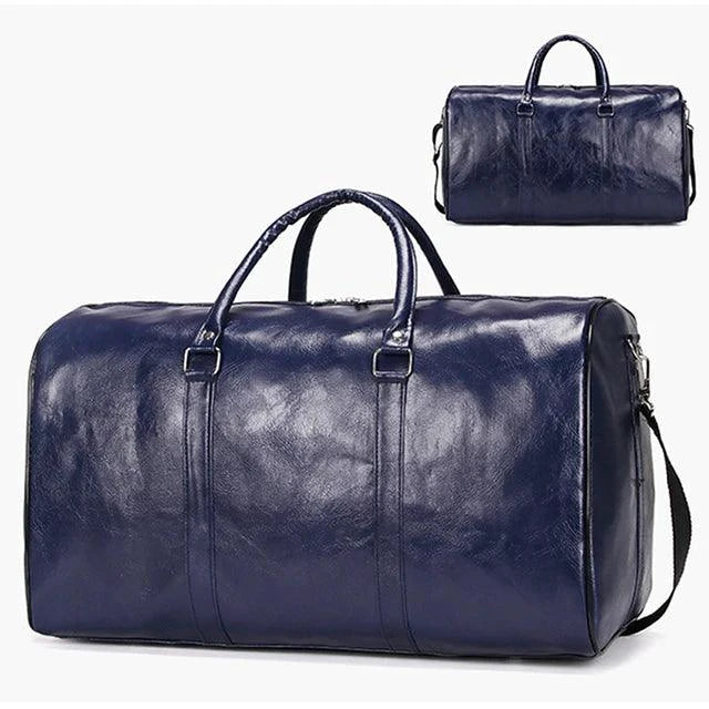 Mandotos classic leather duffel bag with sturdy handles and spacious interior, ideal for travel and weekend trips.