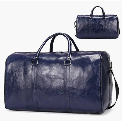 Mandotos classic leather duffel bag with sturdy handles and spacious interior, ideal for travel and weekend trips.