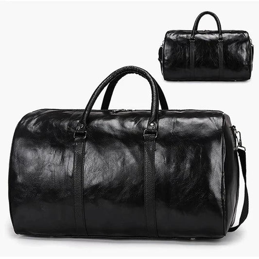 Mandotos Classic Leather Duffel Bag with sturdy handles and spacious interior, ideal for travel and weekend trips.