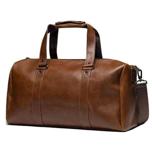 Mandotos Classic Leather Duffel Bag with sturdy handles and spacious interior, showcasing premium brown leather and durable design.