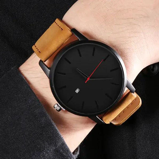 Mandotos Classic Leather Timepiece featuring a sleek leather strap and round watch face with minimalist design.