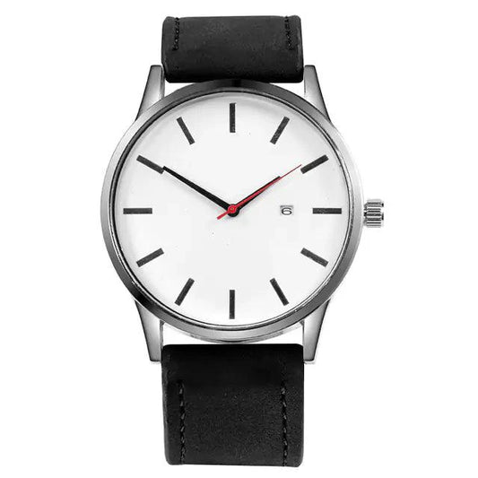 Mandotos Classic Leather Timepiece with a round watch face, black leather strap, and silver case on a white background.