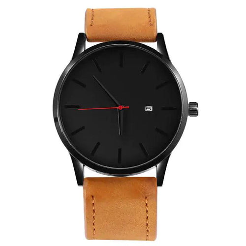 Mandotos Classic Leather Timepiece with round dial and brown leather strap, close-up of watch face and band details.