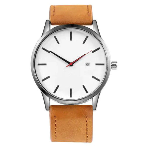 Mandotos classic leather timepiece featuring a round dial, black leather strap, and minimalist design for timeless style.