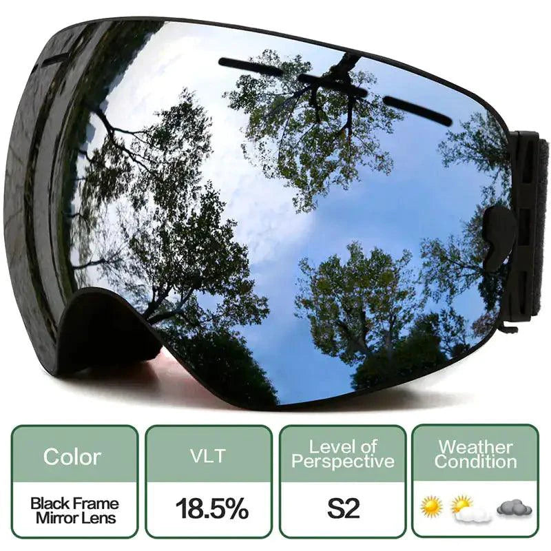 Mandotos ClearView anti-fog ski goggles with adjustable strap and wide lens for clear vision on the slopes.