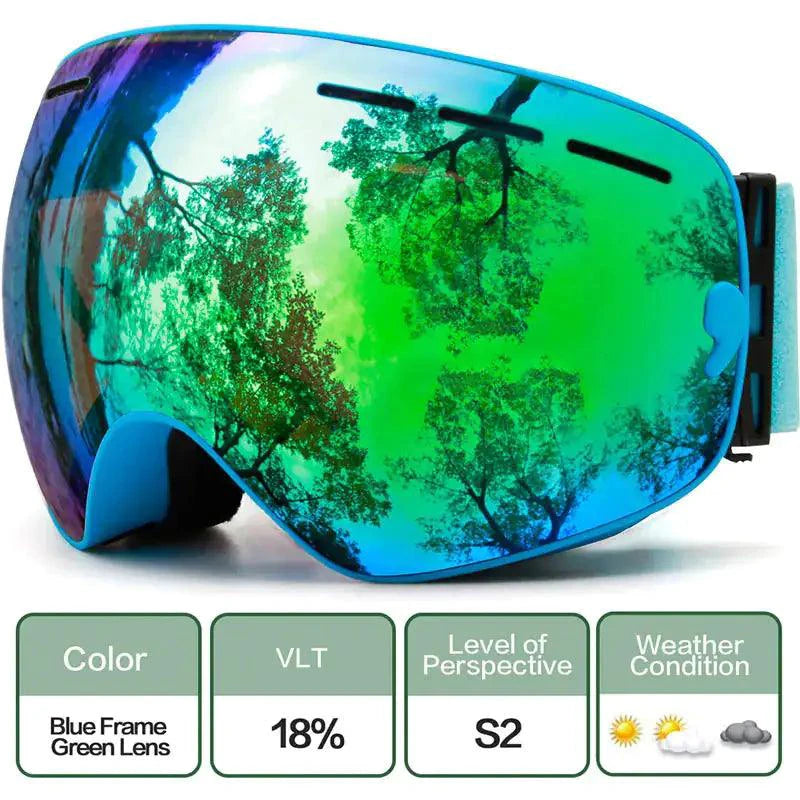 Mandotos ClearView anti-fog ski goggles with adjustable strap and wide lens for clear visibility on snowy slopes.