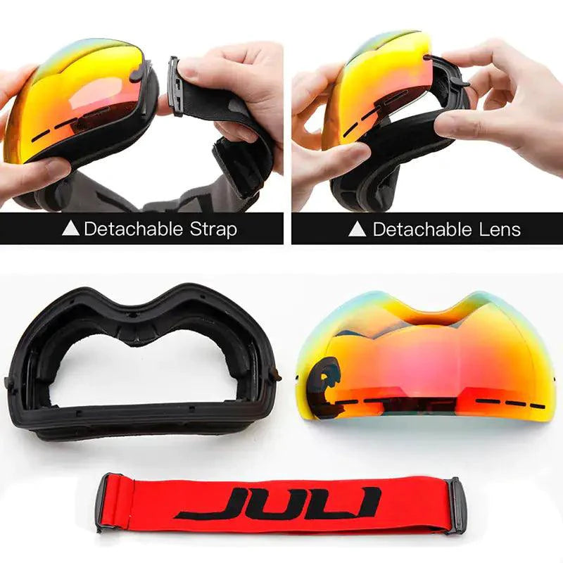 Mandotos ClearView anti-fog ski goggles with adjustable strap and wide lens for clear visibility on snowy slopes.