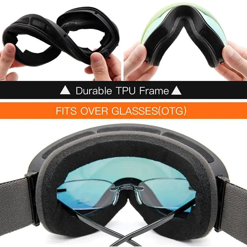 Mandotos ClearView anti-fog ski goggles with adjustable straps and wide lens for clear vision on the slopes.