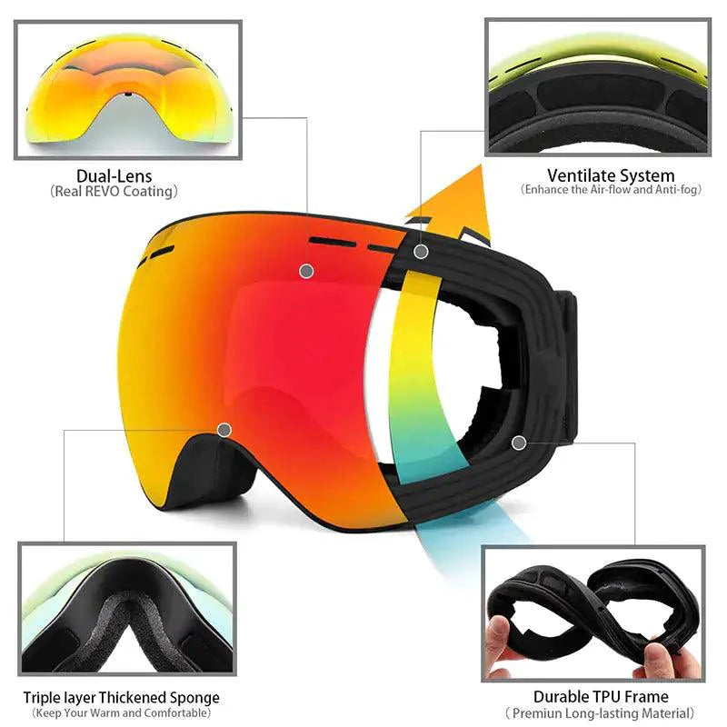 Mandotos ClearView anti-fog ski goggles with adjustable strap and tinted lenses for snow sports protection.