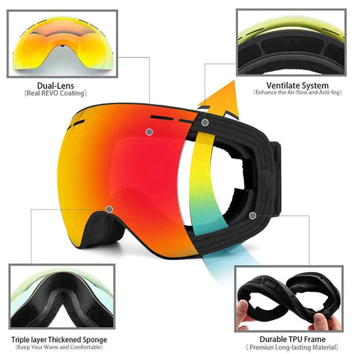 Mandotos ClearView anti-fog ski goggles with adjustable strap and tinted lenses for snow sports protection.