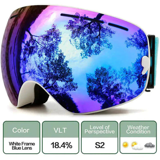 Mandotos ClearView anti-fog ski goggles with adjustable strap and tinted lens for clear vision on snowy slopes.