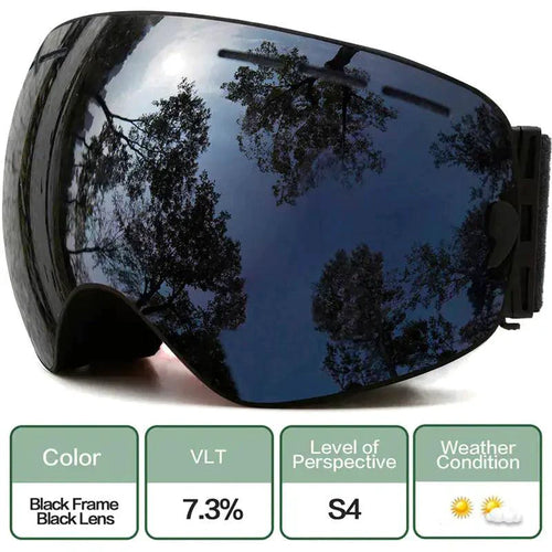 Mandotos ClearView anti-fog ski goggles with wide lenses and adjustable strap for clear visibility on snowy slopes.
