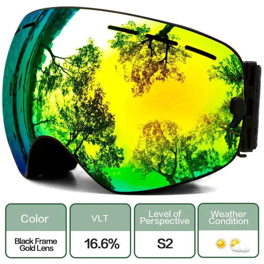 Mandotos ClearView anti-fog ski goggles with wide lens and adjustable strap, designed for clear visibility on ski slopes.