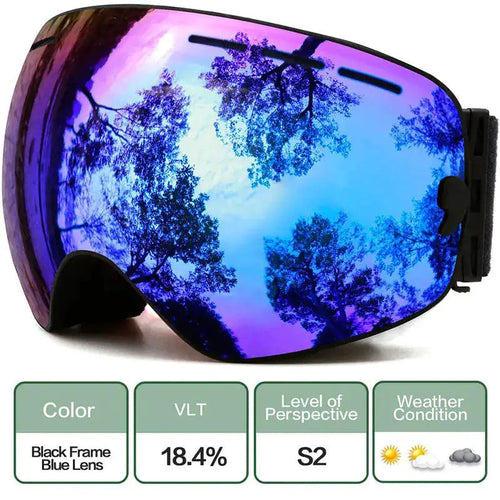Mandotos ClearView anti-fog ski goggles with adjustable strap and wide lens for clear vision in snowy conditions.