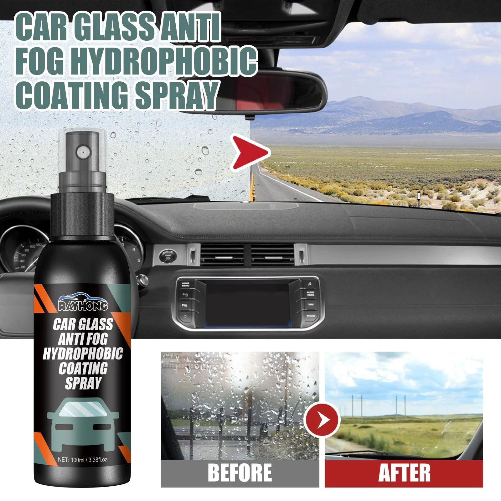 Mandotos ClearView Auto Glass Repellent bottle showing the outdoor spray on a car windshield for improved visibility.