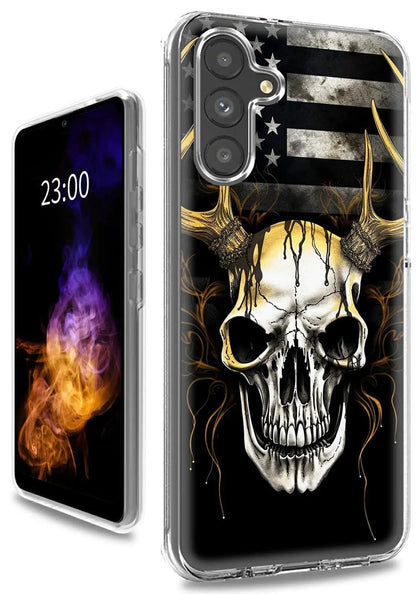 Mandotos ClearView DualGuard case with bold American flag and skull design for Samsung A13 5G phone.