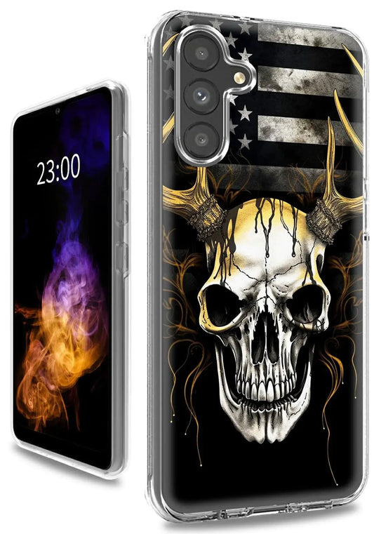 Mandotos ClearView DualGuard case with bold American flag and skull design for Samsung A13 5G phone.