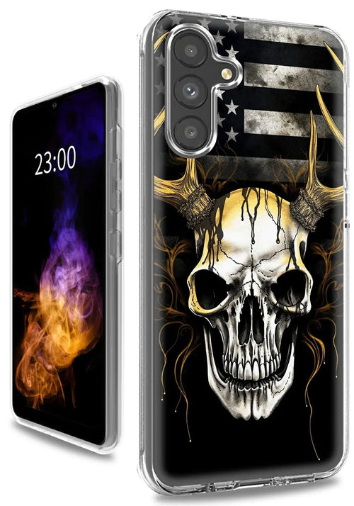 MANDOTOS ClearView DualGuard case with bold American flag skull design for Samsung A13 5G, featuring rugged protection and patriotic style.