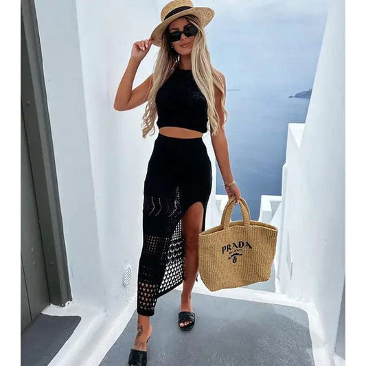 Mandotos Coastal Chic beach knit skirt set featuring a relaxed, stylish design ideal for casual summer wear.