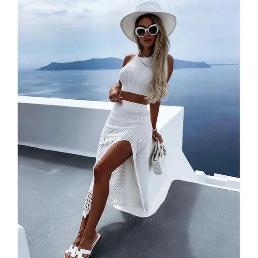 Mandotos Coastal Chic beach knit skirt set with relaxed fit, stylish design, perfect for casual summer wear.