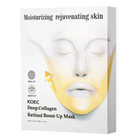 Mandotos Collagen Lifting Face Mask showing a woman with a hydrating sheet mask on her face, promoting skin firming and rejuvenation.