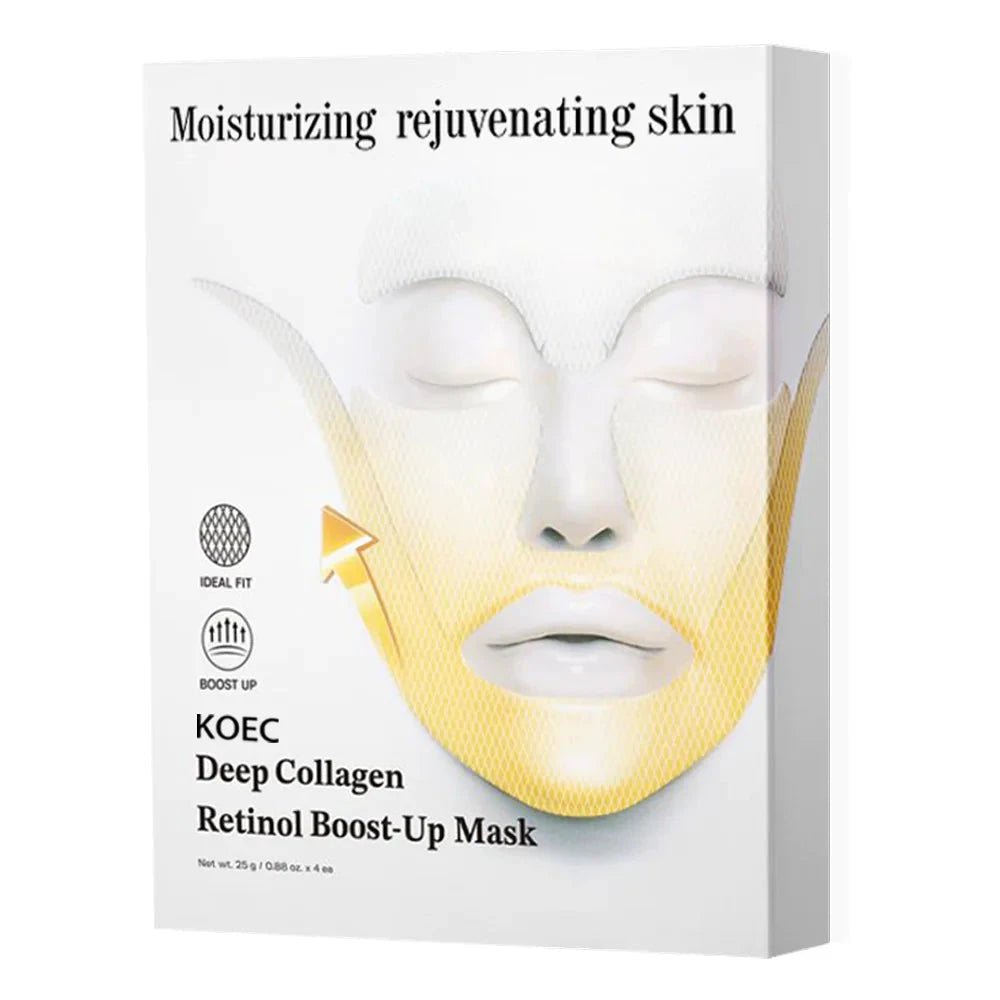Mandotos Collagen Lifting Face Mask showing a woman with a hydrating sheet mask on her face, promoting skin firming and rejuvenation.