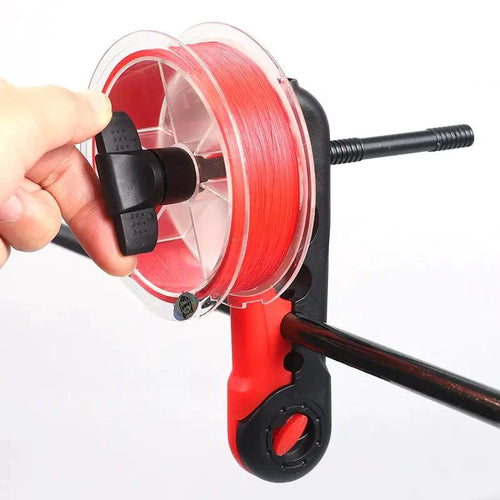 Mandotos compact fishing line spooler with handle and adjustable tension for easy line winding and storage.
