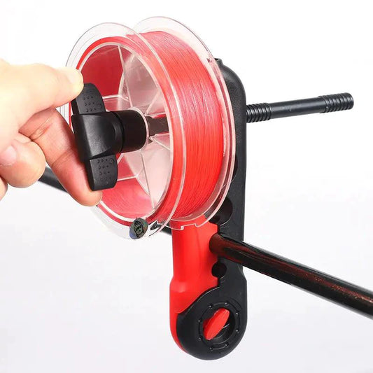 Mandotos compact fishing line spooler with handle and adjustable tension for easy line winding and storage.