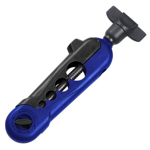 Mandotos compact fishing line spooler with adjustable crank and spool holder for easy line winding.
