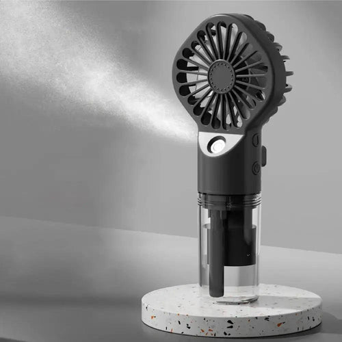 Mandotos Compact Hydrating Mist Fan showing a portable fan with misting feature and ergonomic handle, ideal for cooling and hydration.