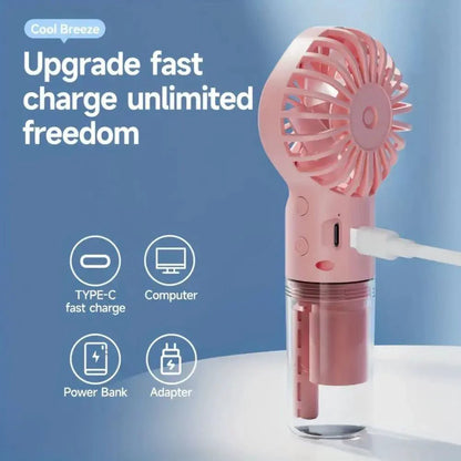 Mandotos Compact Hydrating Mist Fan showing a handheld fan with mist spray feature and adjustable settings.